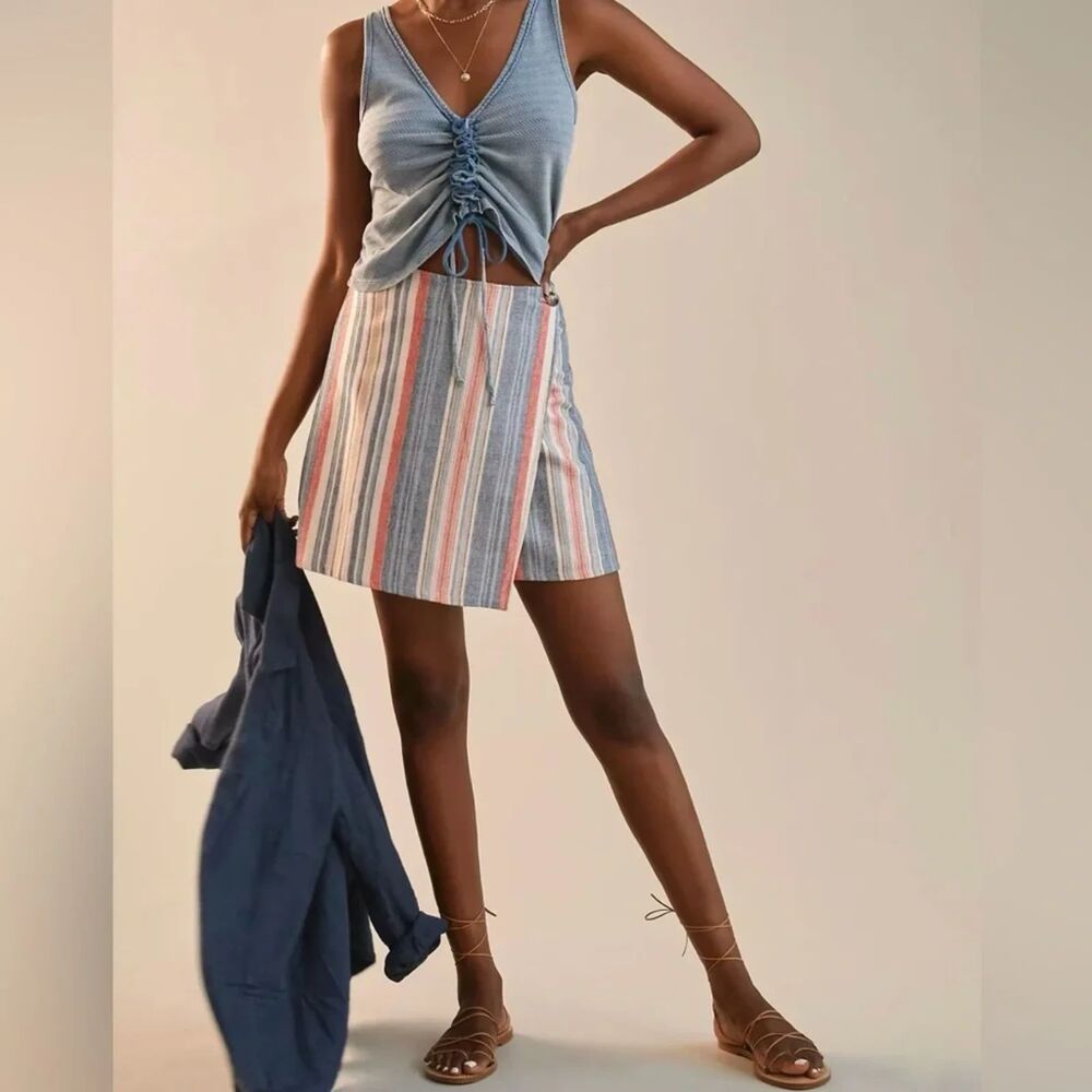 Anthropologie Porridge Striped Wrap Mini Skirt Boho Office Siren Preppy Beach